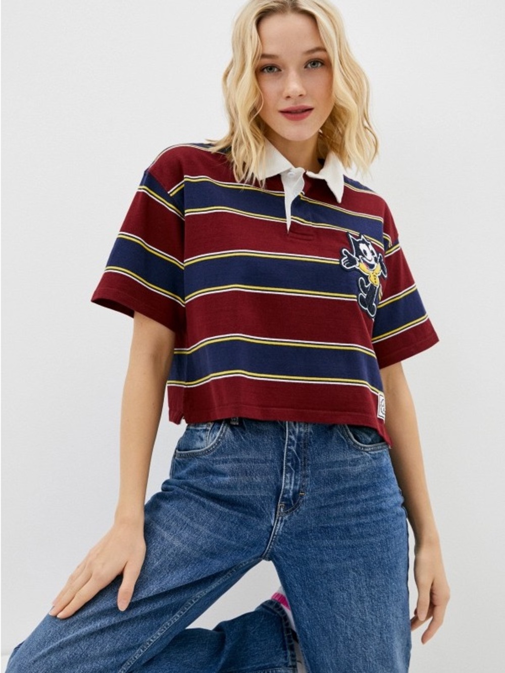 Felix the Cat Burgundy & Navy Striped Women’s Polo Top
